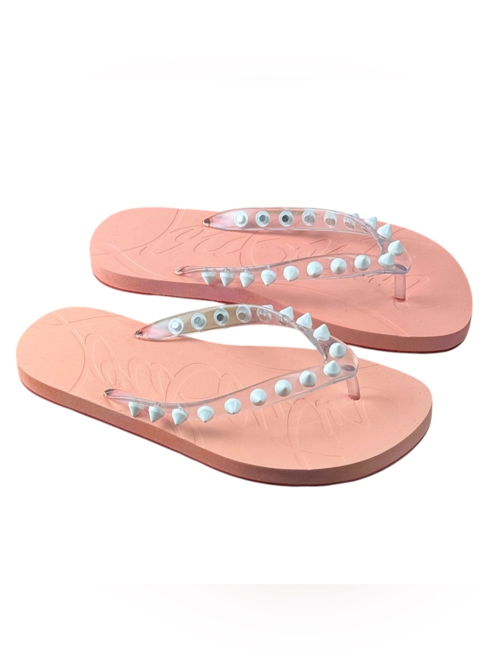 Christian Louboutin Pink Rubber Flip Flops Transparent Spike Sandals Flat Slides